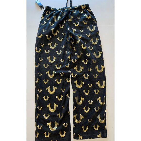 True Religion Fleece Loungewear Pants Black Gold Horseshoe Logos AllOver Print M - Picture 6 of 6